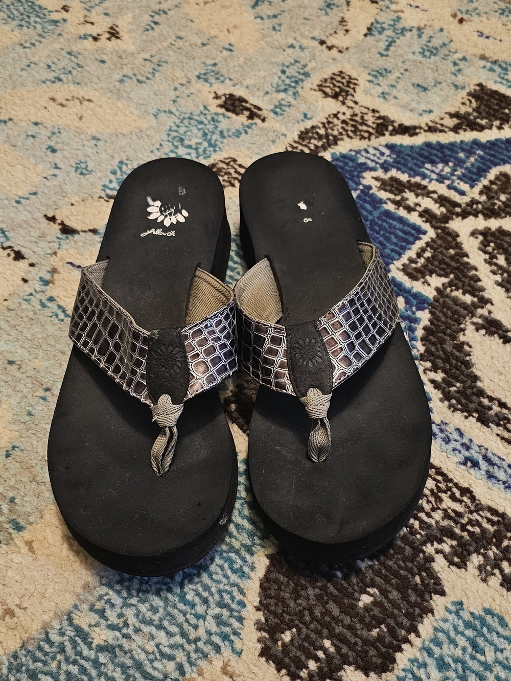 Yellow Box Women's Black Sandal with Metallic Croc-Print Straps